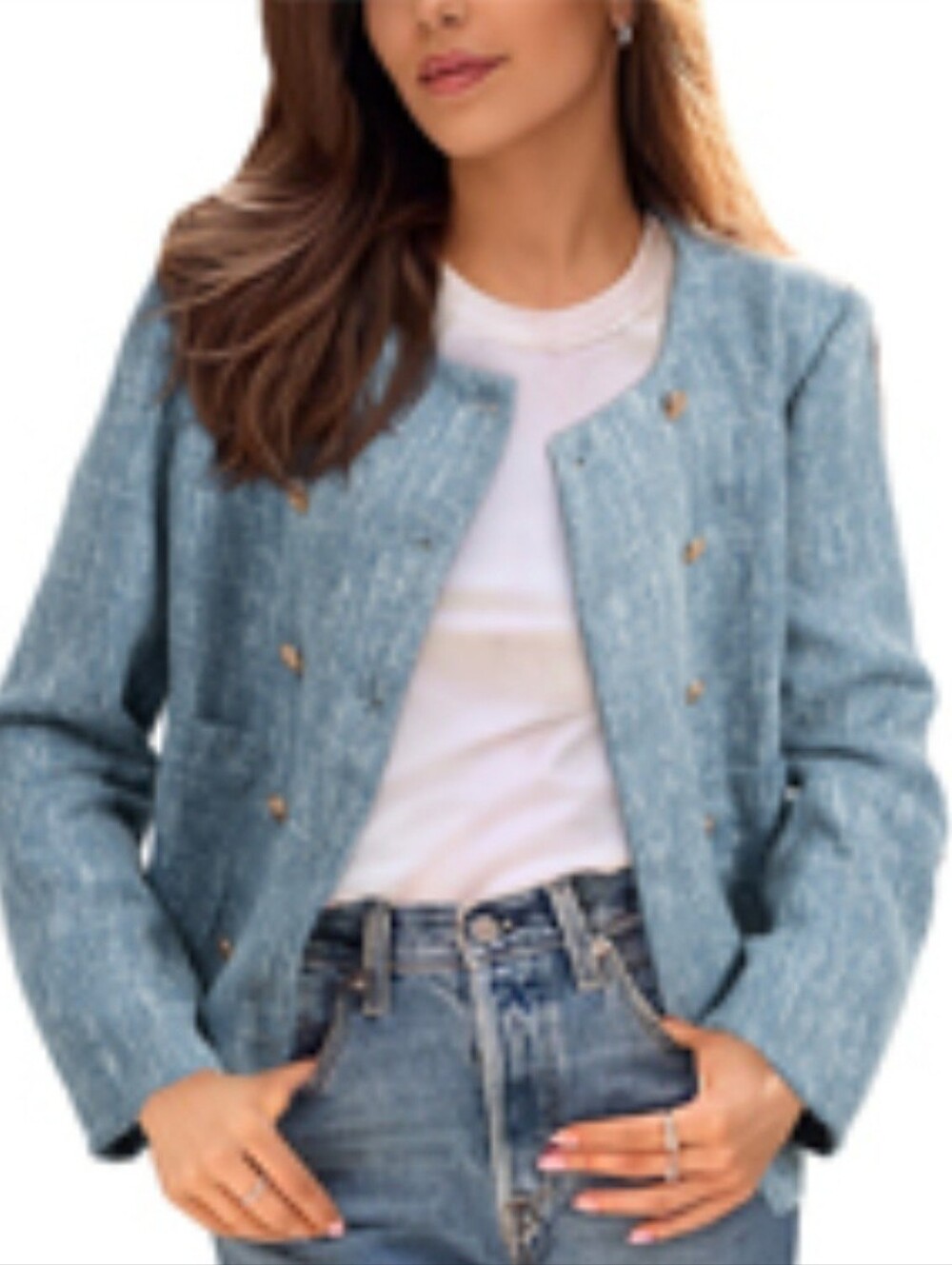 Women’s Light Blue Tweed Collarless Jacket